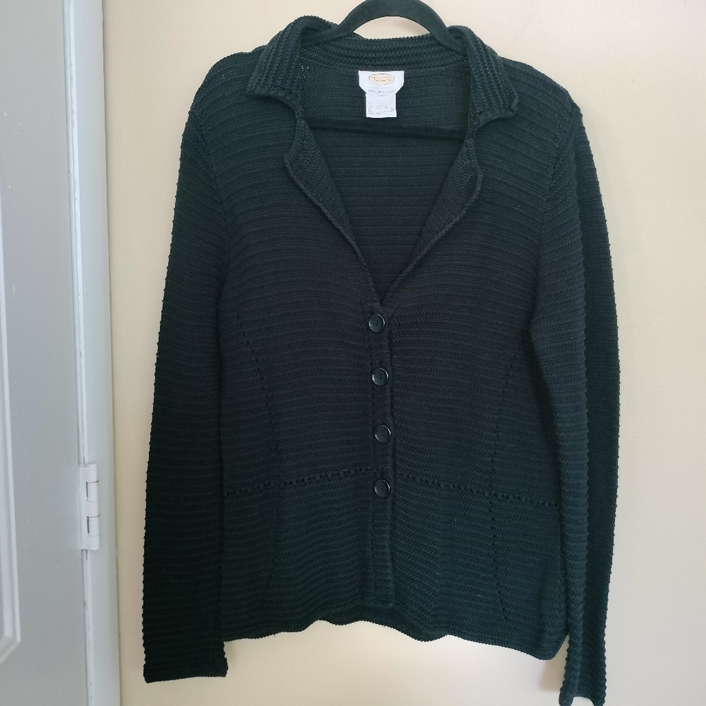 Talbots black Cotton knit button cardigan sweater L office Travel Classic